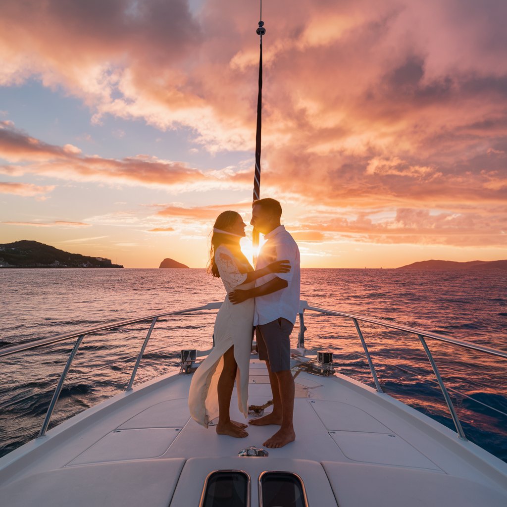 Couple taking photo at the front of a yacht