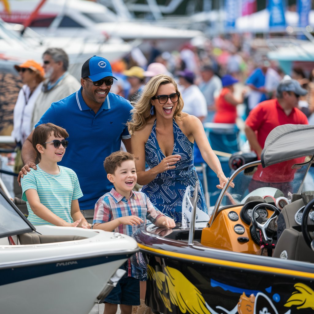 Family having a fund day at a boat show