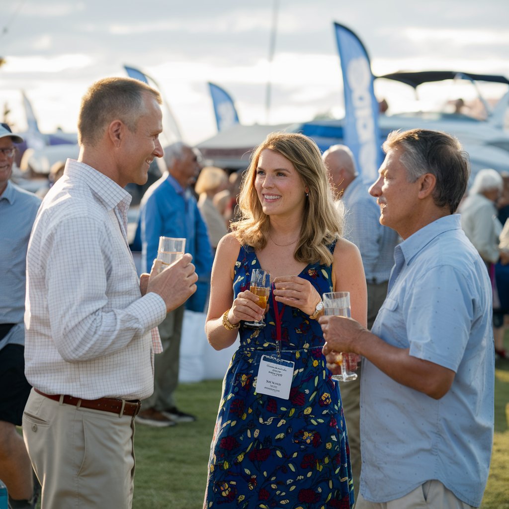 People interacting at a boat show