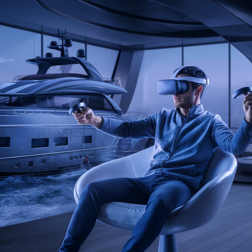 A futuristic image of a Man using VR to explore a yacht