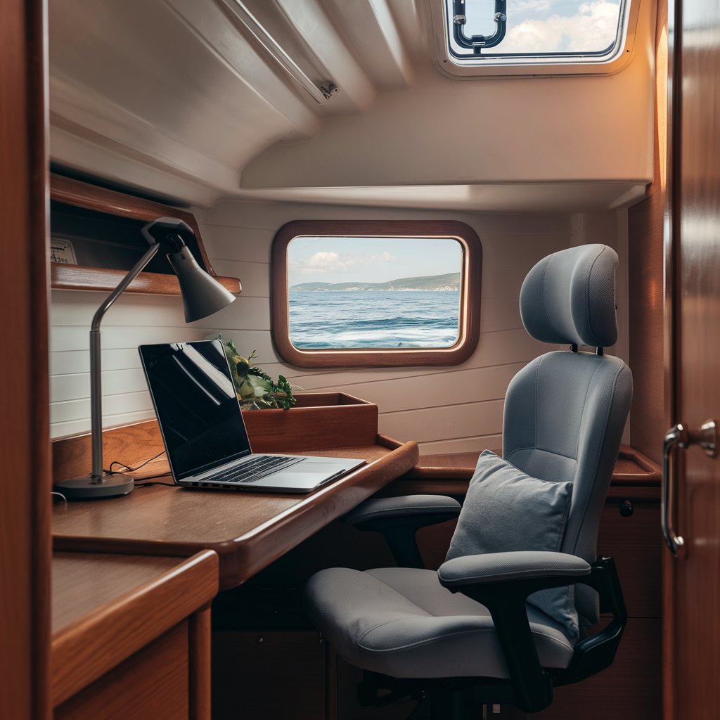 A serene image of a workspace on a boat