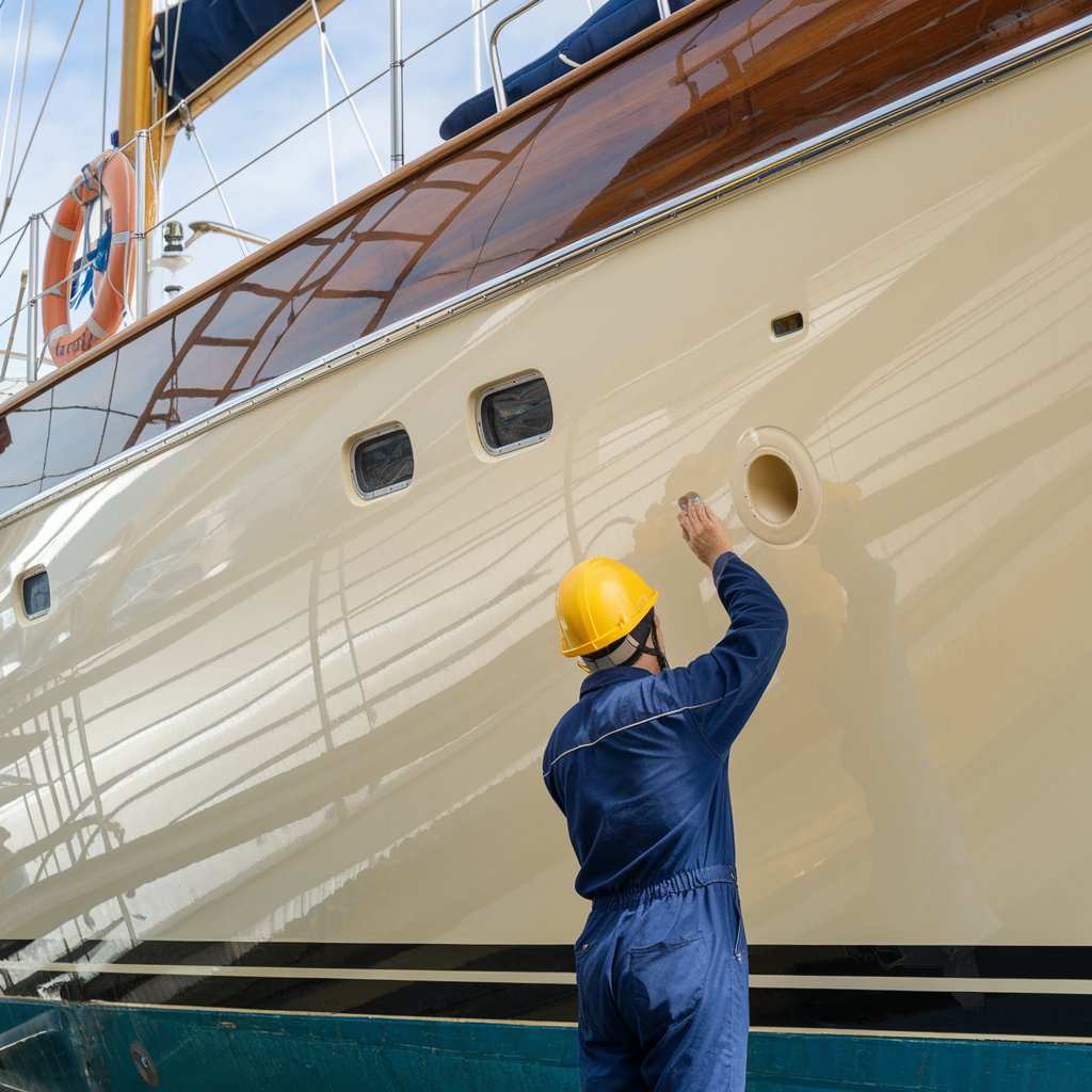 A Yacht's Hull being inspected