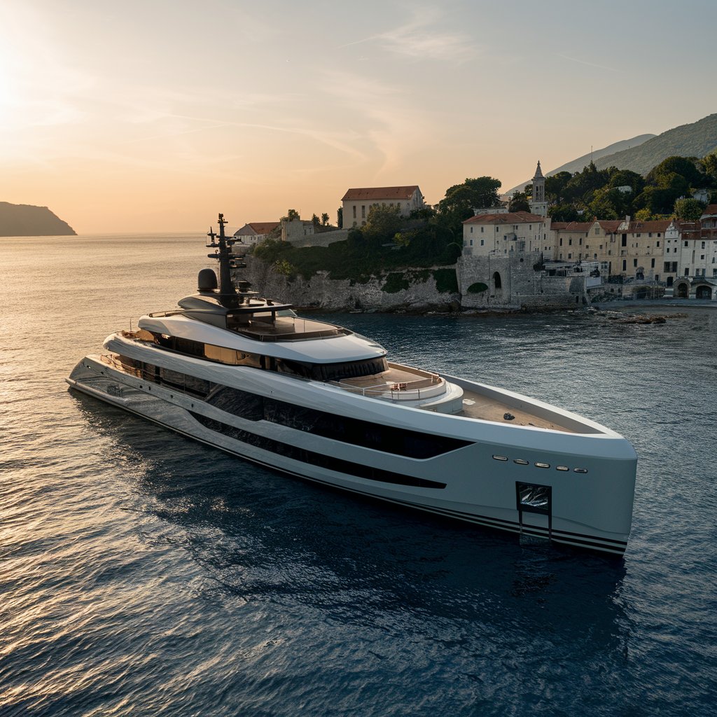 Yacht anchored near coastal village