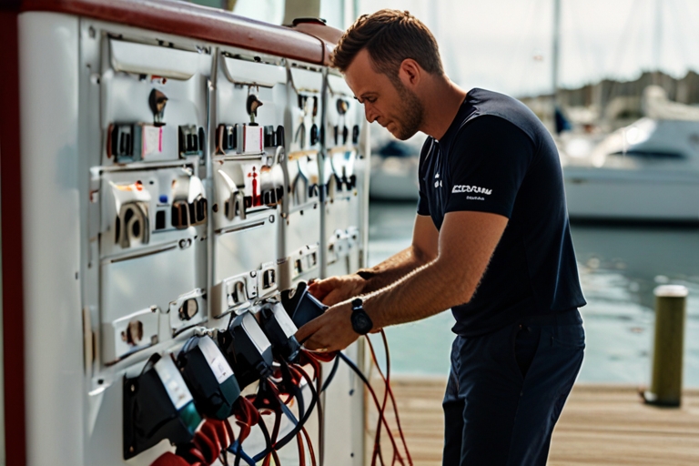 A yacht getting plugged into electricity in a marina