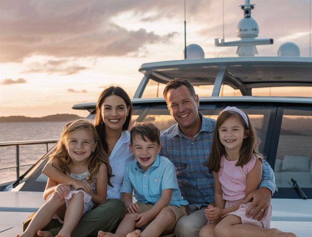 Happy family on yacht