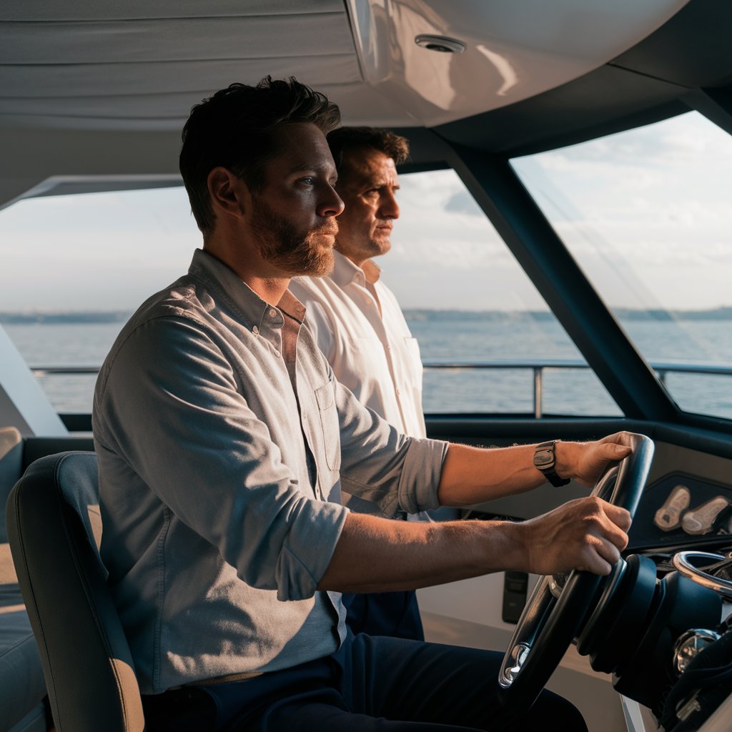 1st officer driving the yacht under captain's supervision