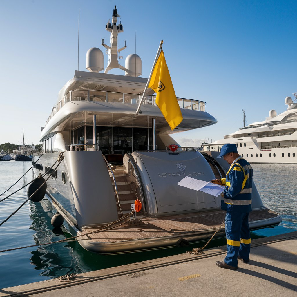 Image of a Super Yacht Docked in a marina being inspected