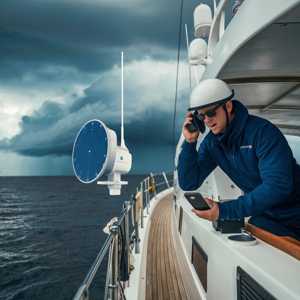 Yacht Crew member using a satellite phone